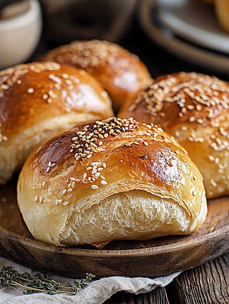 A plate of bread rolls with sesame seeds on top.