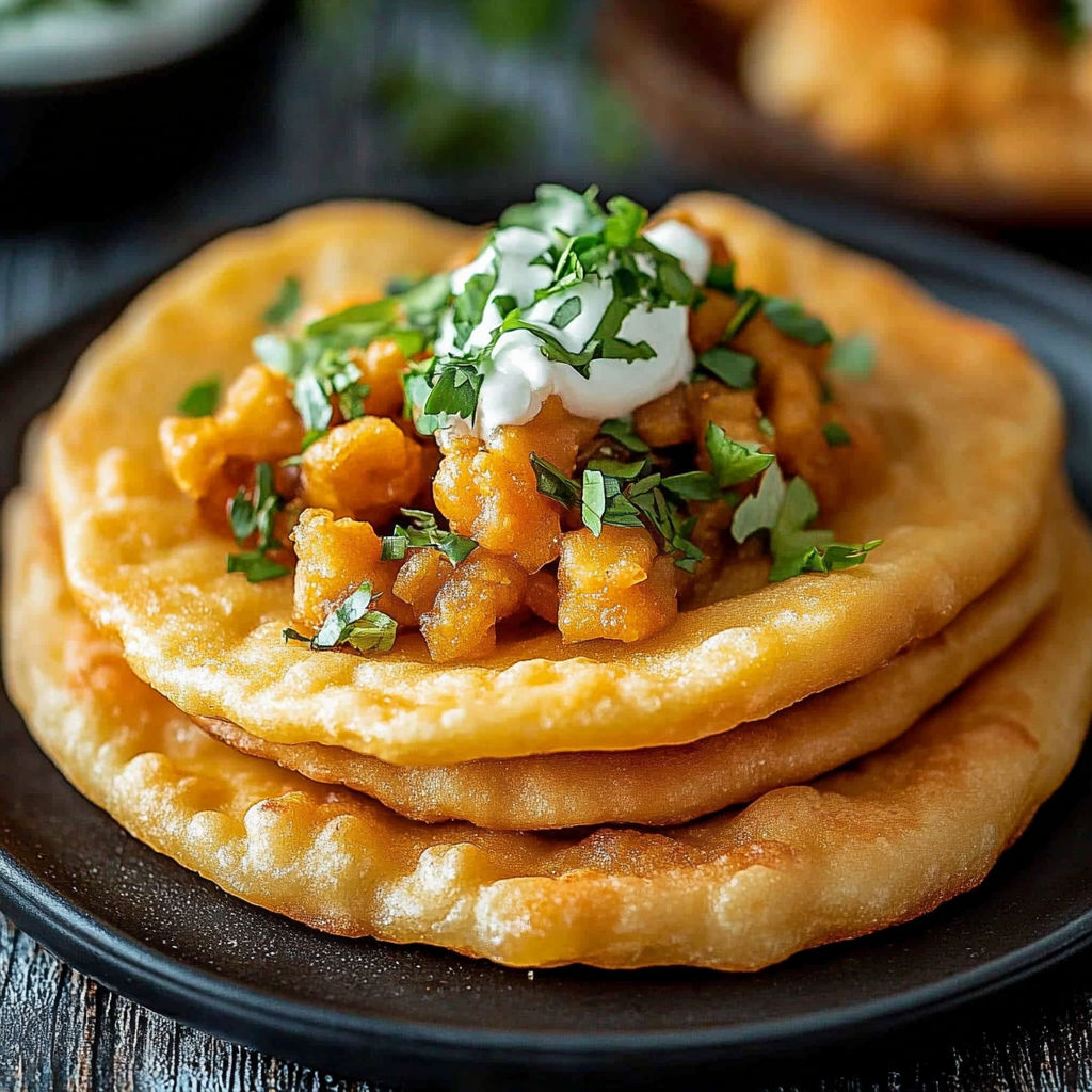 A plate of food with a fried tortilla on top.