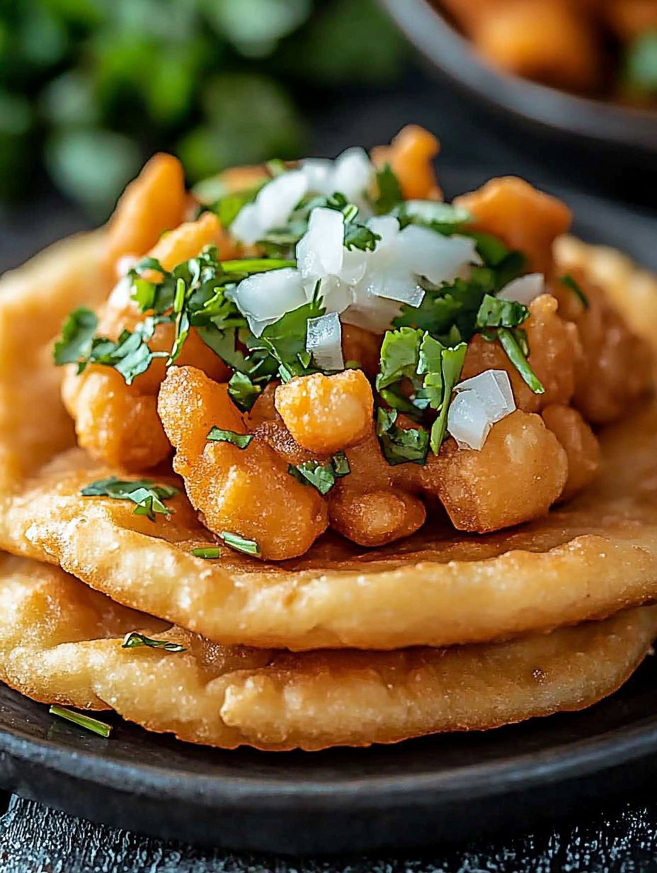 A stack of fried bread with toppings.