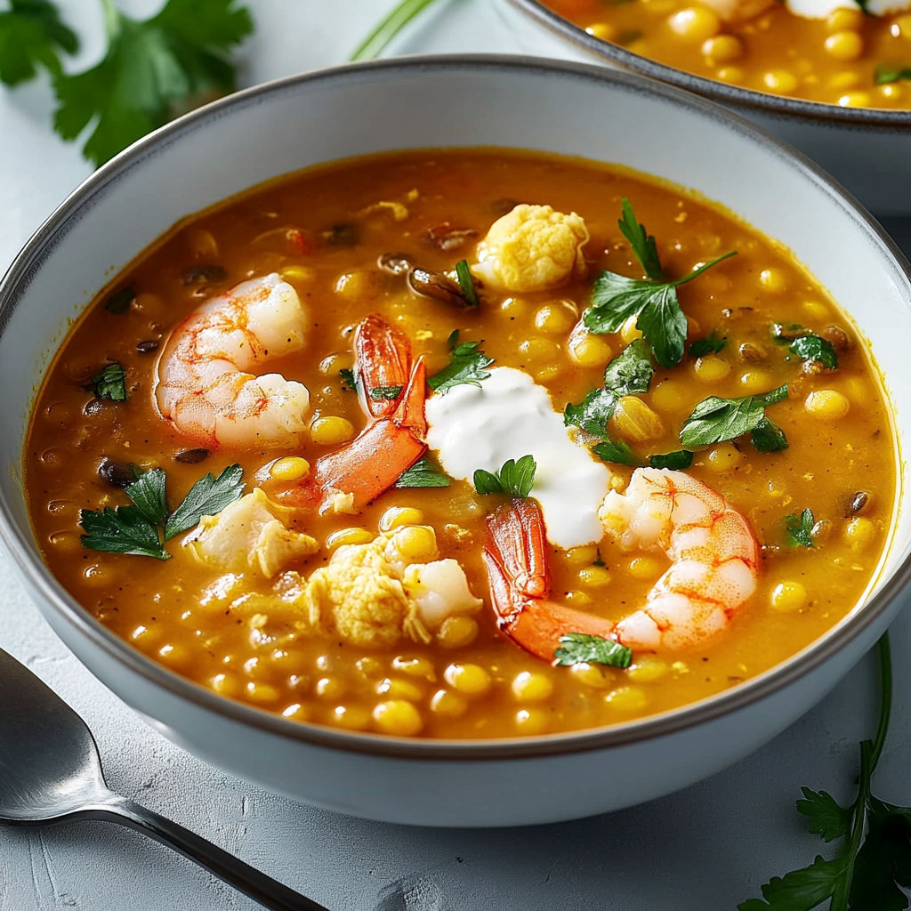 A bowl of soup with shrimp and cauliflower.