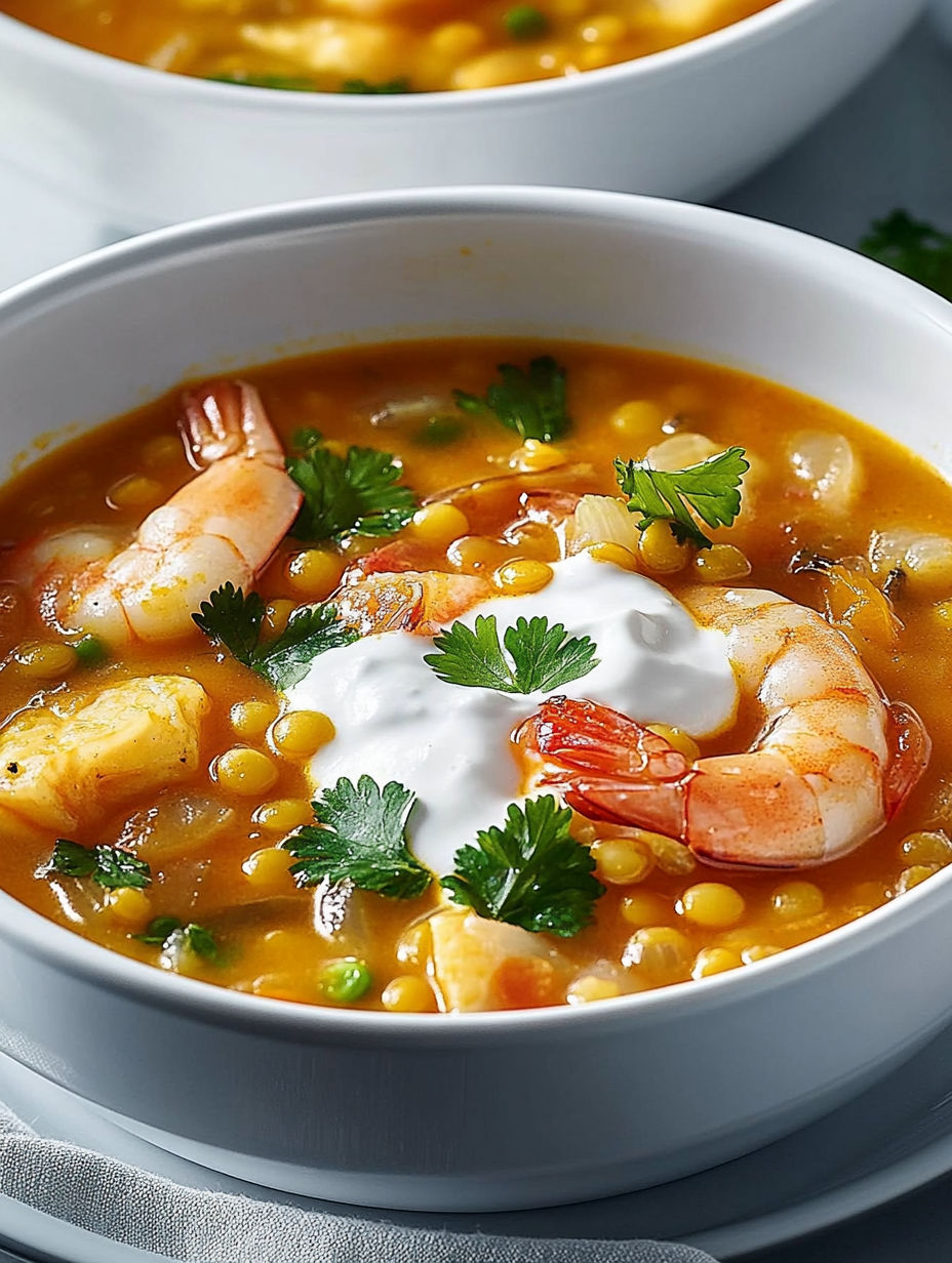 A bowl of soup with shrimp and vegetables.