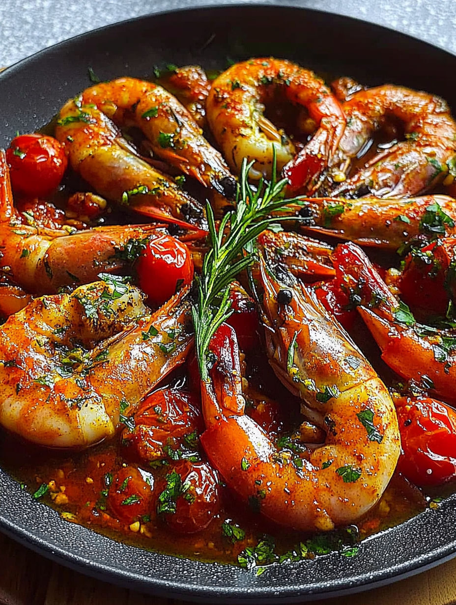 A close up of shrimp in a pan with tomatoes and herbs.