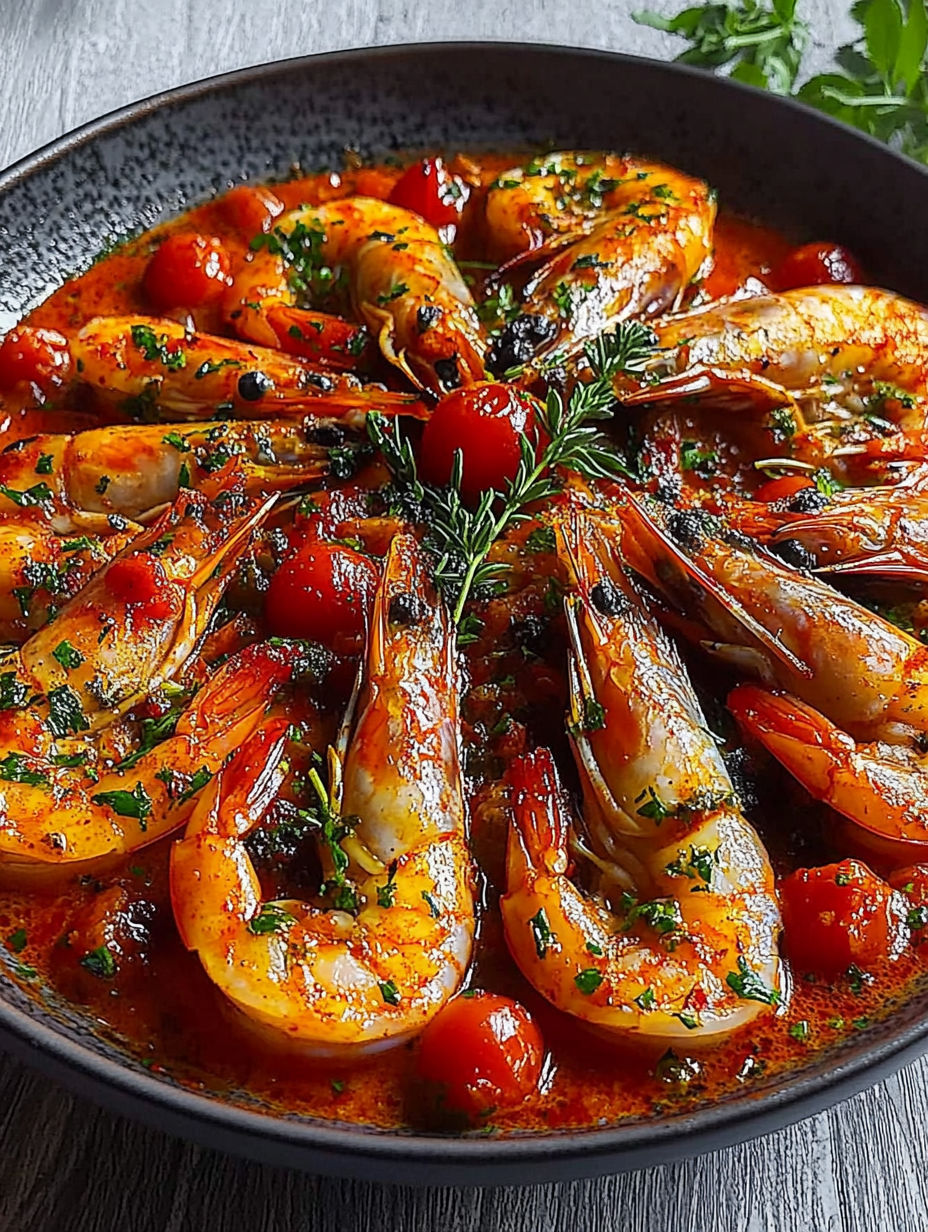 A bowl of shrimp and tomatoes.