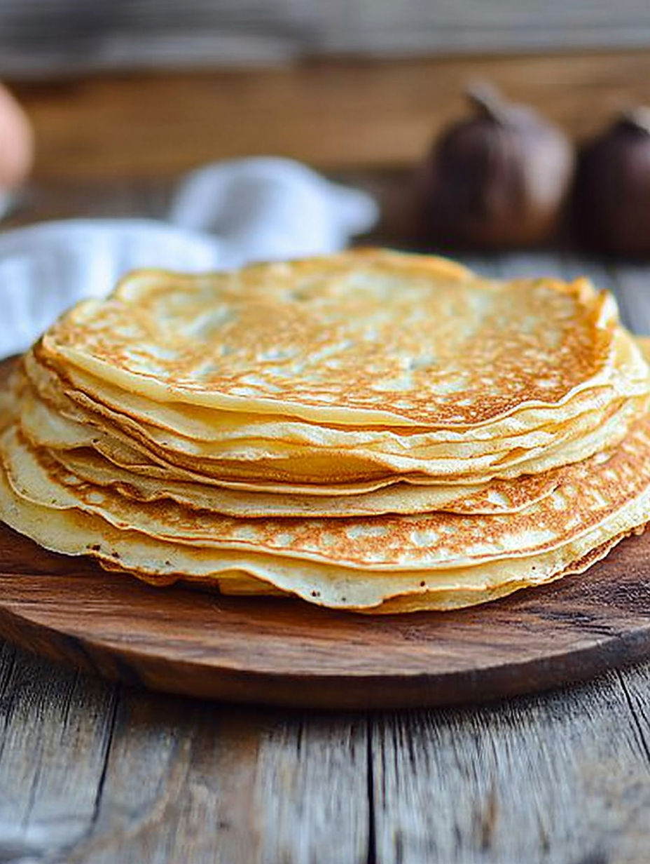 A stack of pancakes on a wooden table.