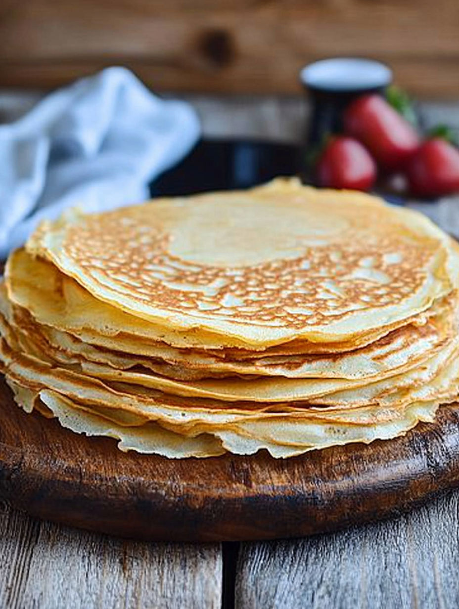 A stack of pancakes on a wooden table.