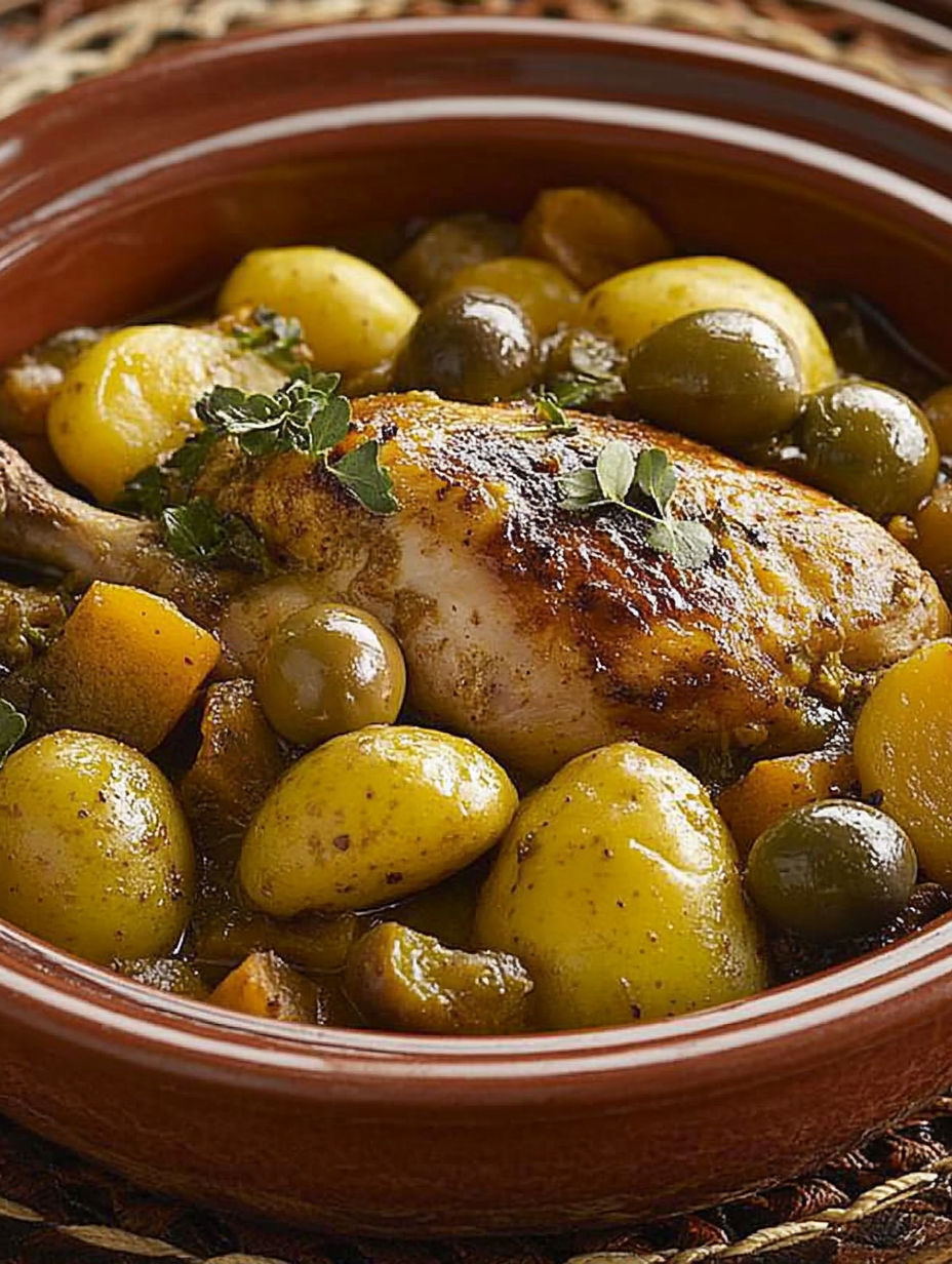 A bowl of food with a chicken and potatoes.