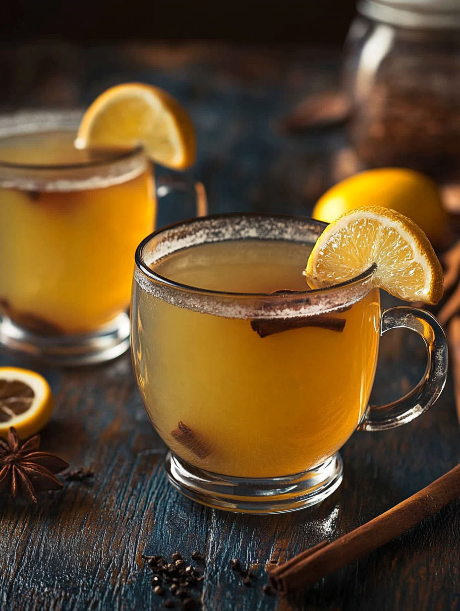 Two glasses of tea with lemon slices in them.