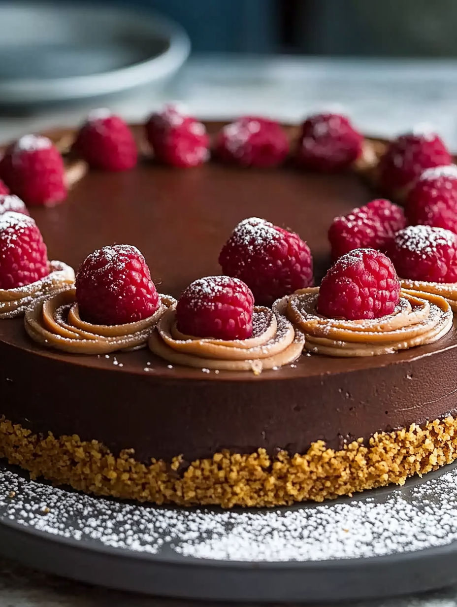 A chocolate cake with raspberries on top.