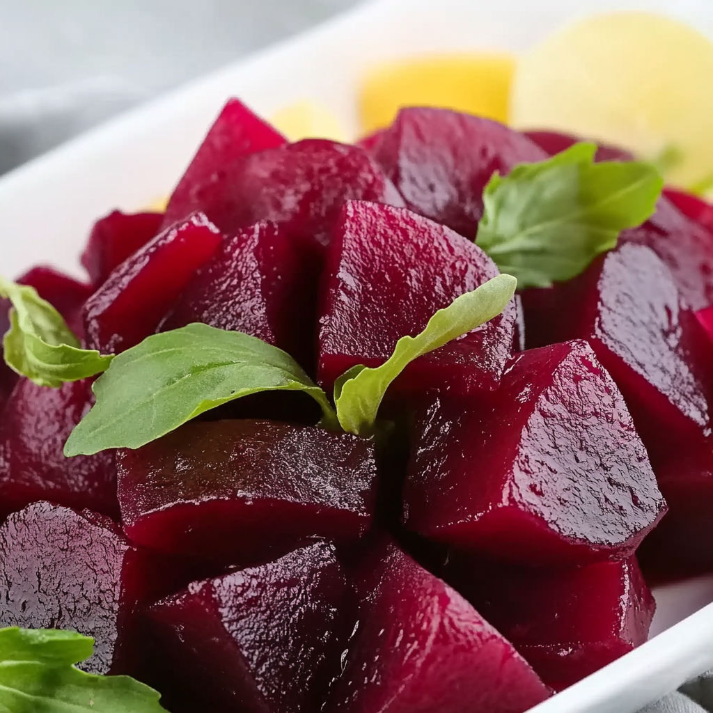 A plate of beets with a green garnish.