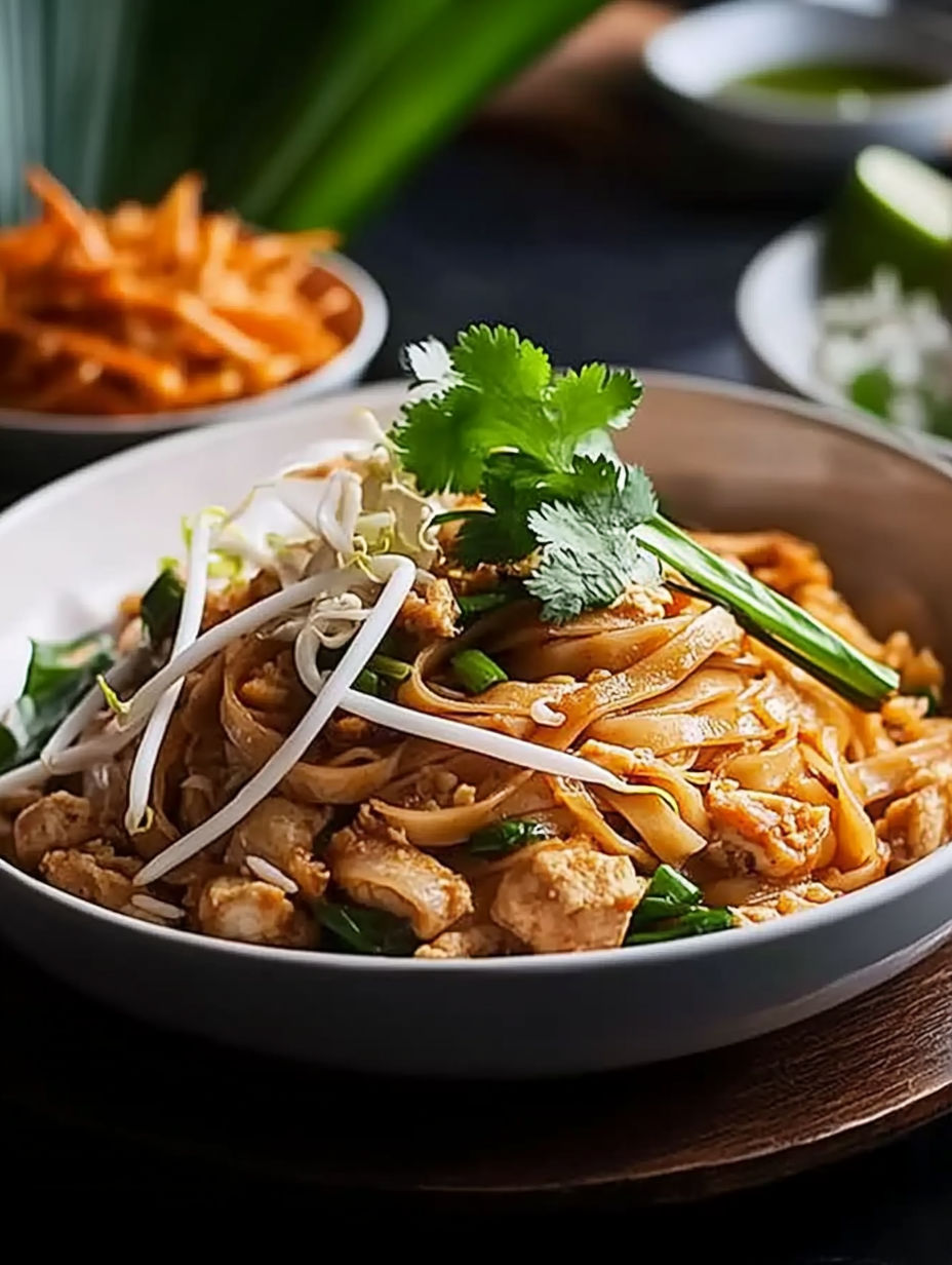 A bowl of Pad Thai noodles with vegetables and meat.