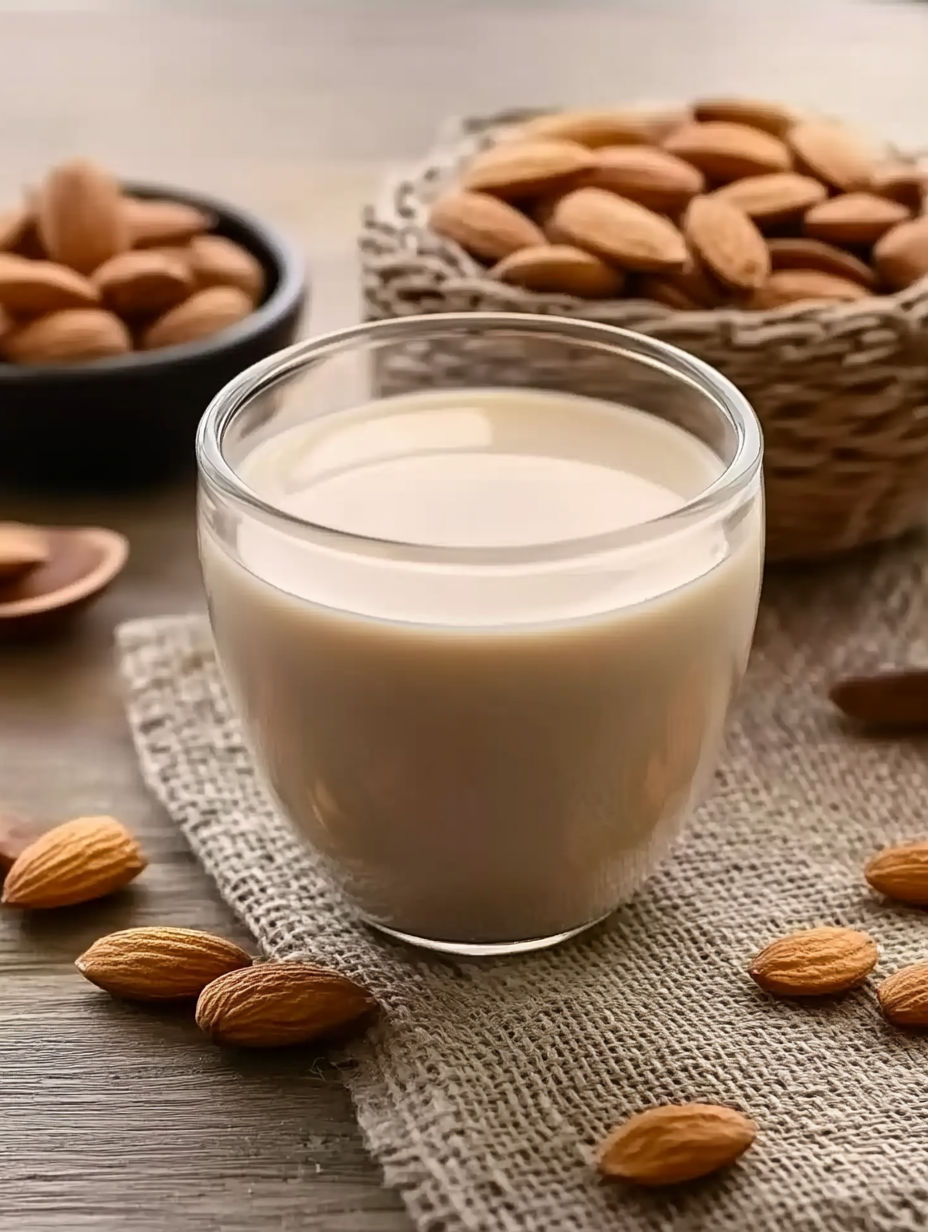 A glass of milk with almonds on the table.
