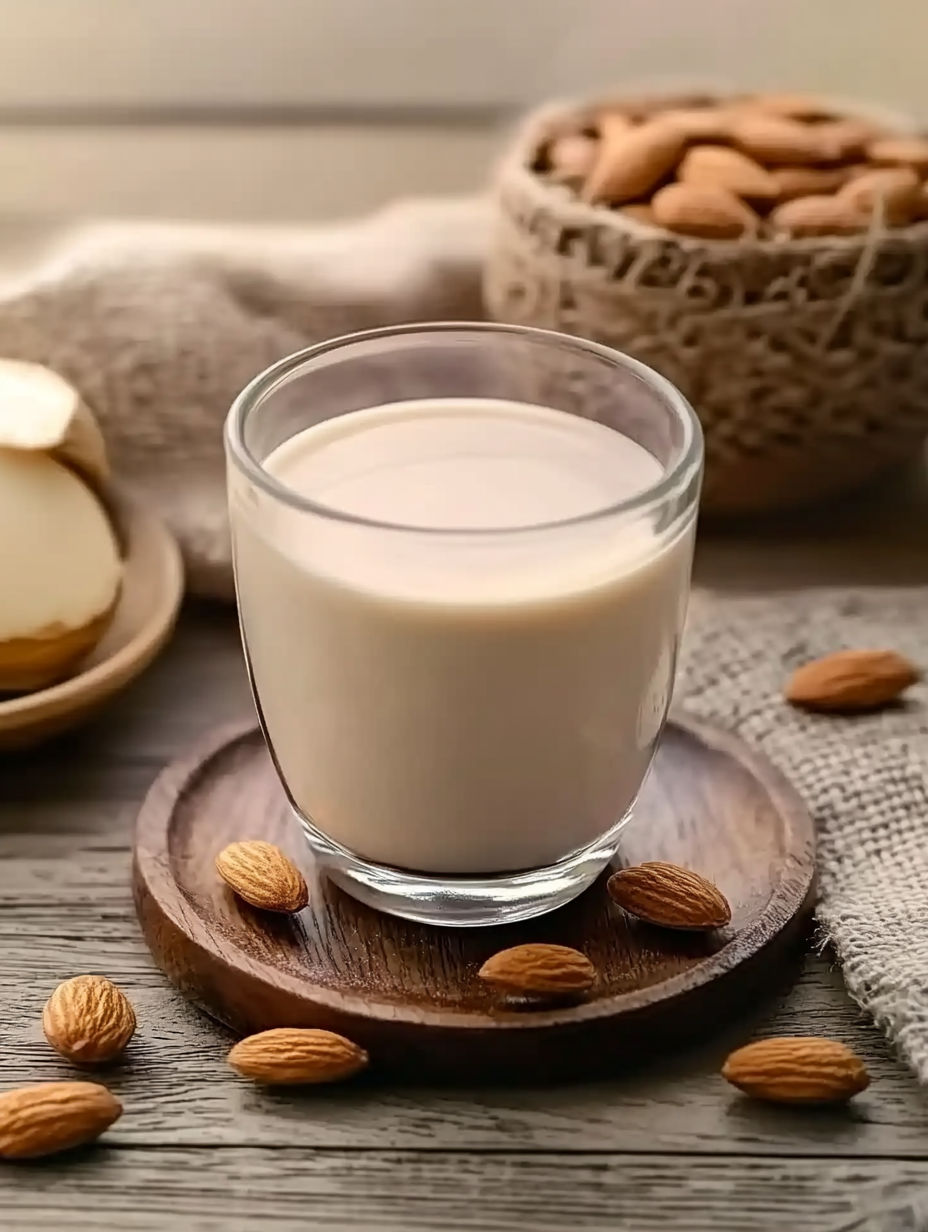 A glass of milk with almonds on a table.