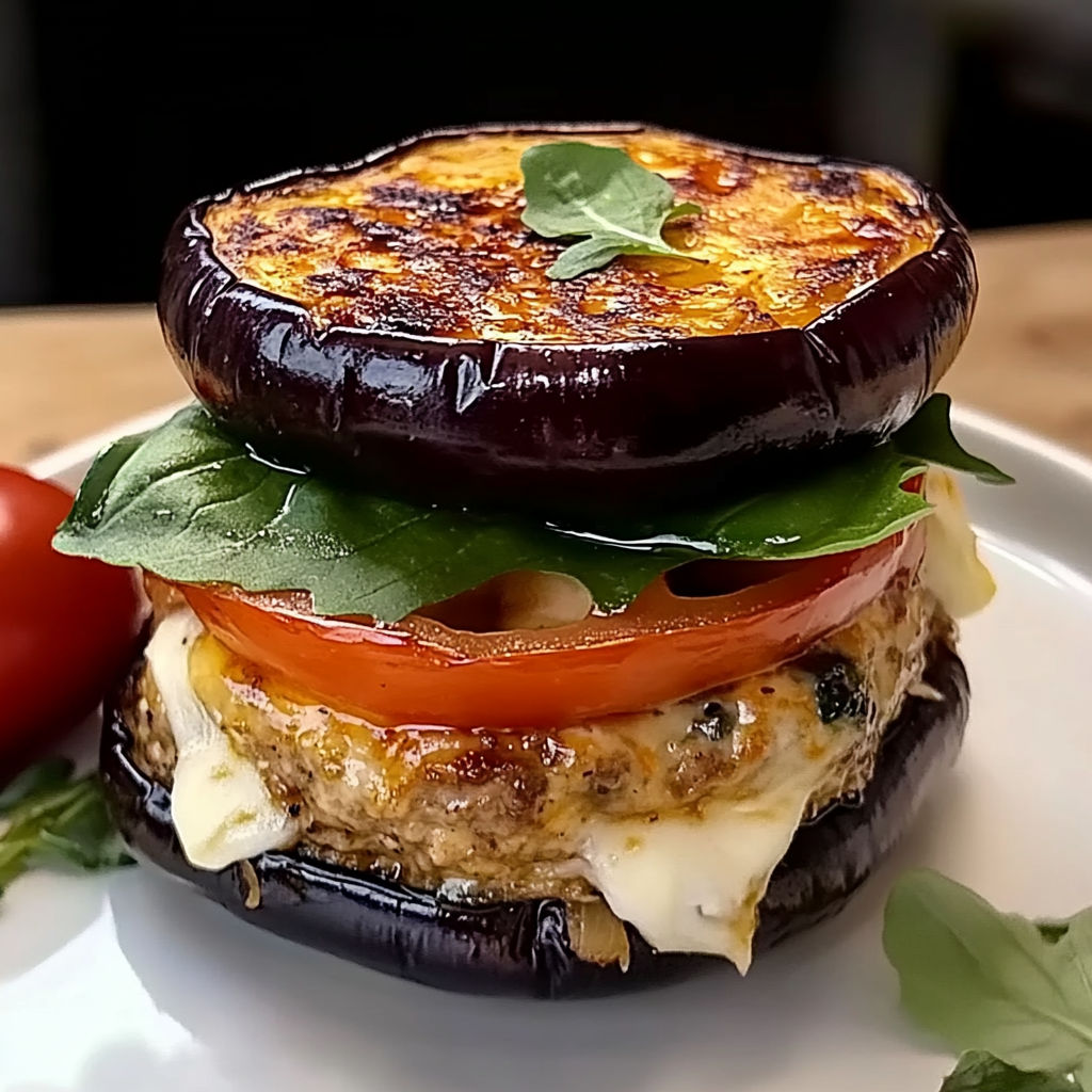 A burger d'aubergine with tomato and lettuce.