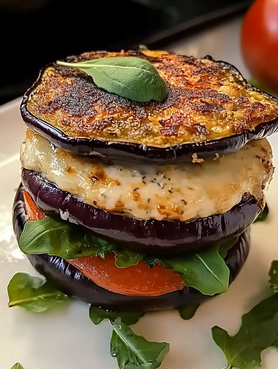 A stack of food with a leaf on top.