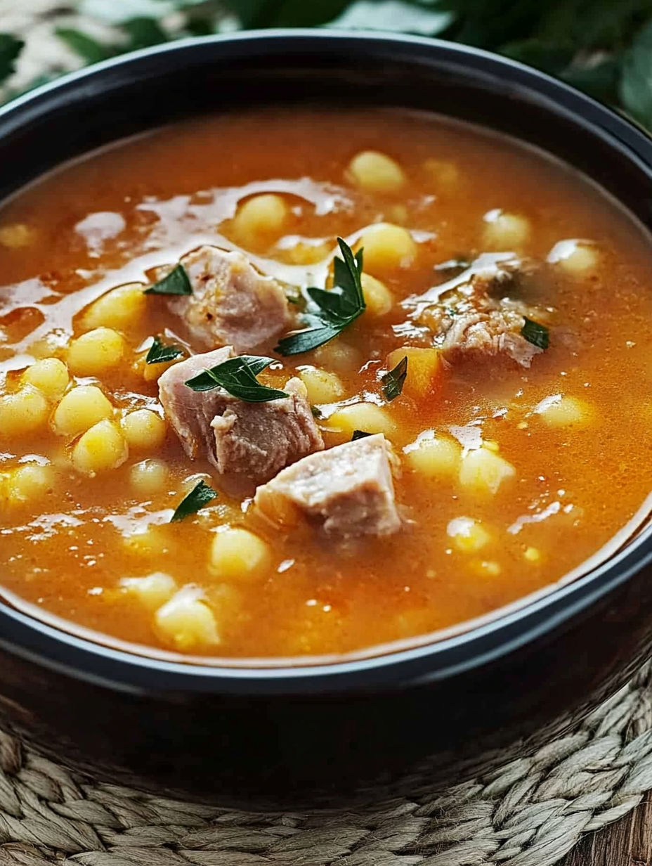 A bowl of soup with meat and vegetables.