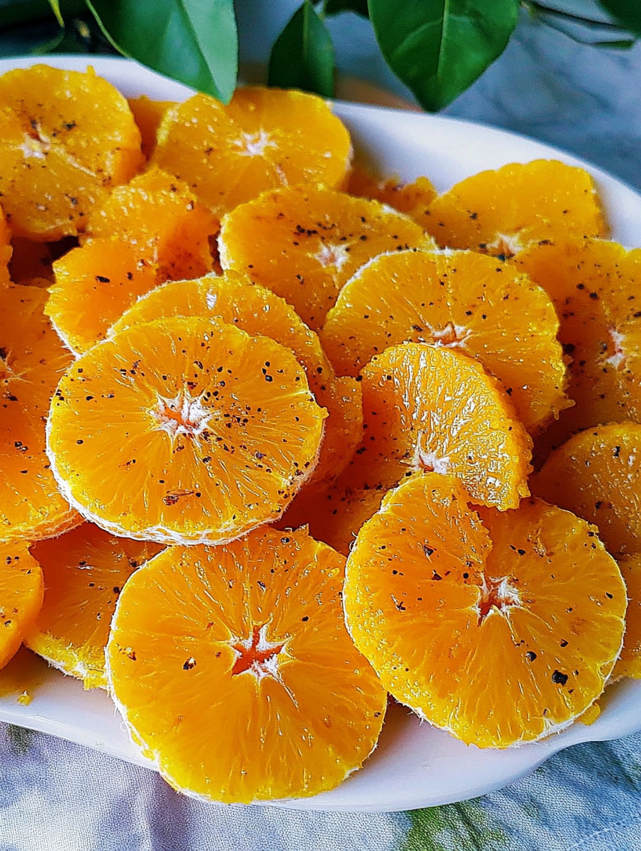 A bowl of sliced oranges with black seeds.