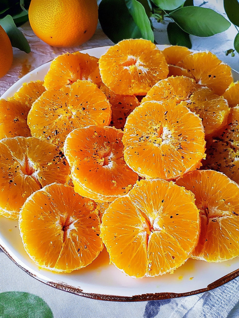 A plate of sliced oranges.
