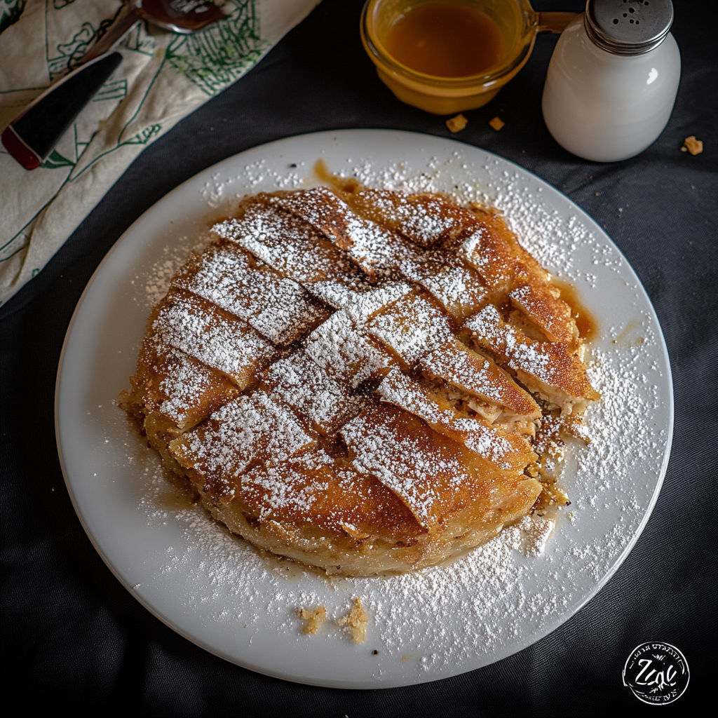 A plate of food with powdered sugar on it.