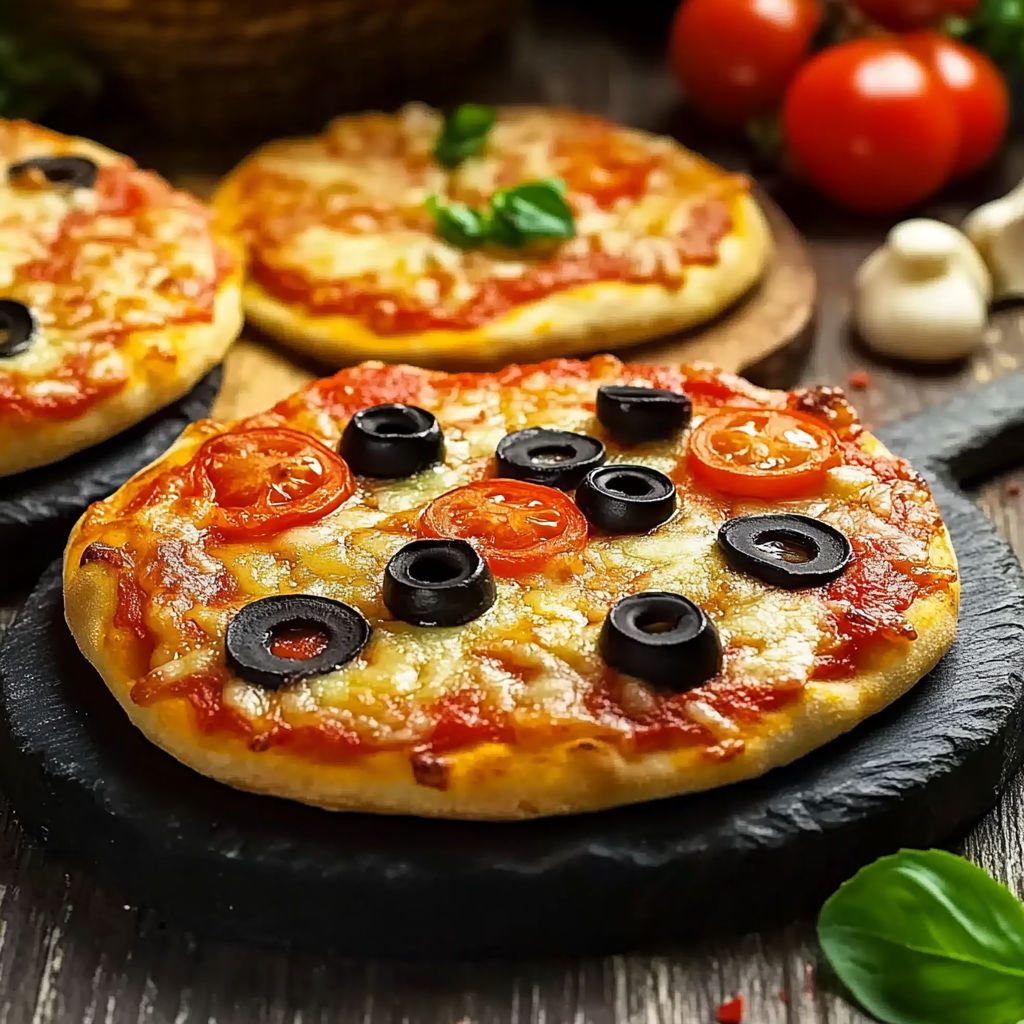 A mini pizza with black olives and tomatoes.