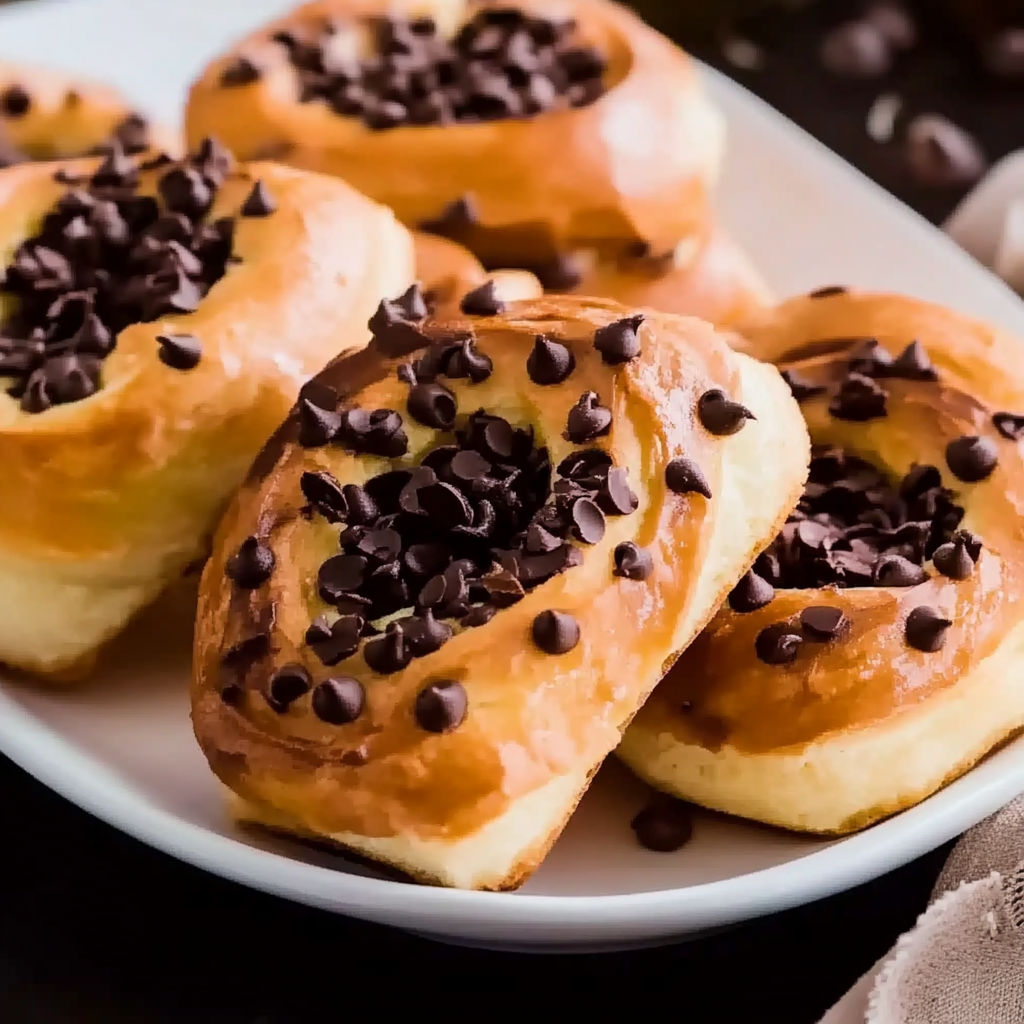 A plate of chocolate covered brioches.