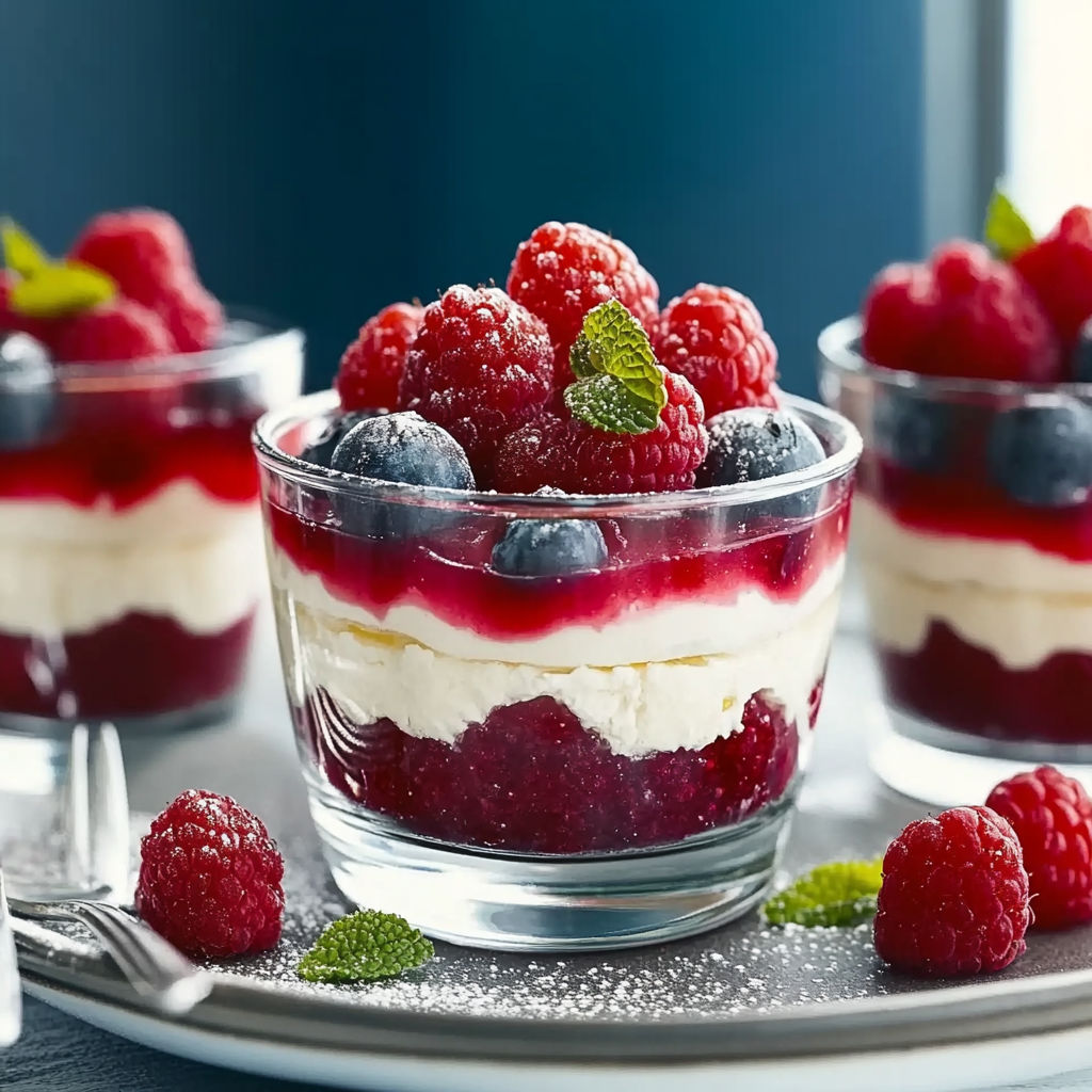 A glass of raspberries and blueberries with whipped cream.