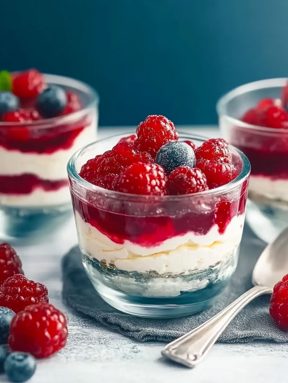A glass of raspberries with blueberries.