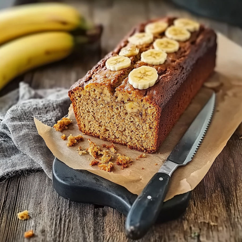 A slice of banana bread on a table.