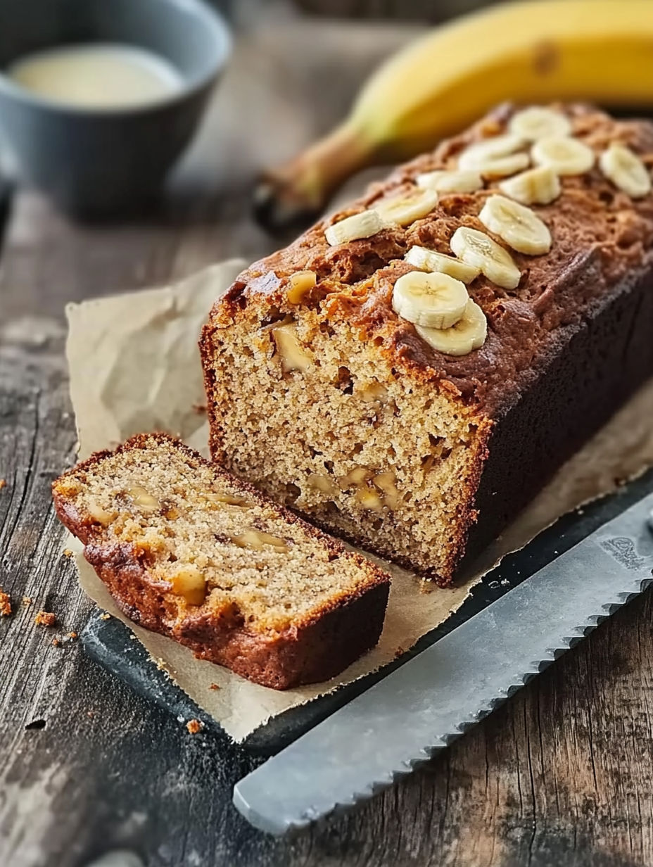 A slice of banana bread with a knife on a table.