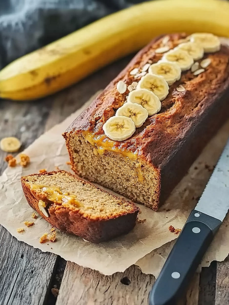 A slice of banana bread with banana slices on top.
