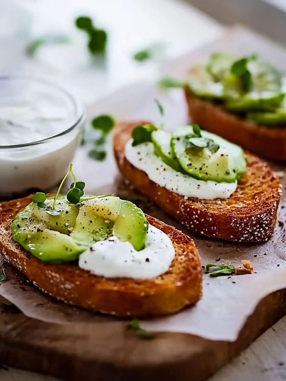 A slice of bread with avocado and sour cream on it.