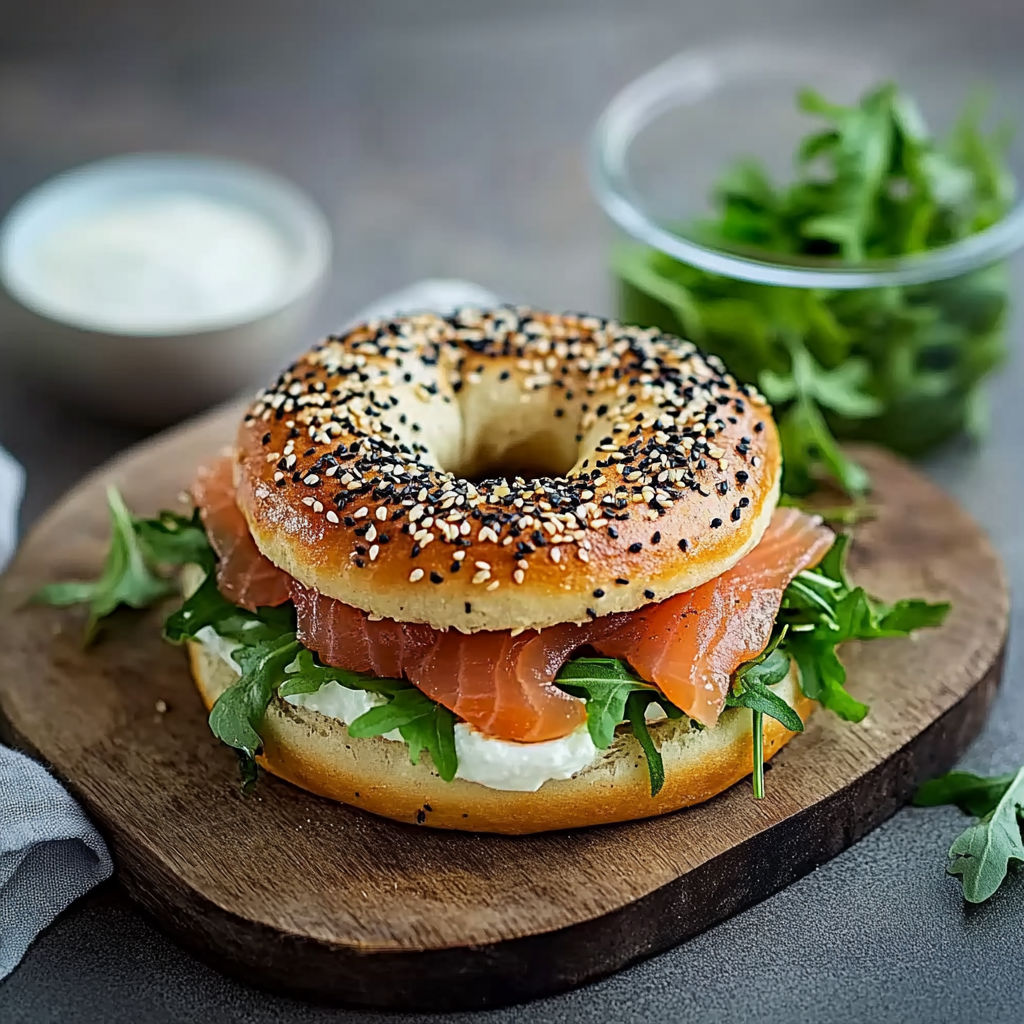 A bagel with smoked salmon and cucumber on top.