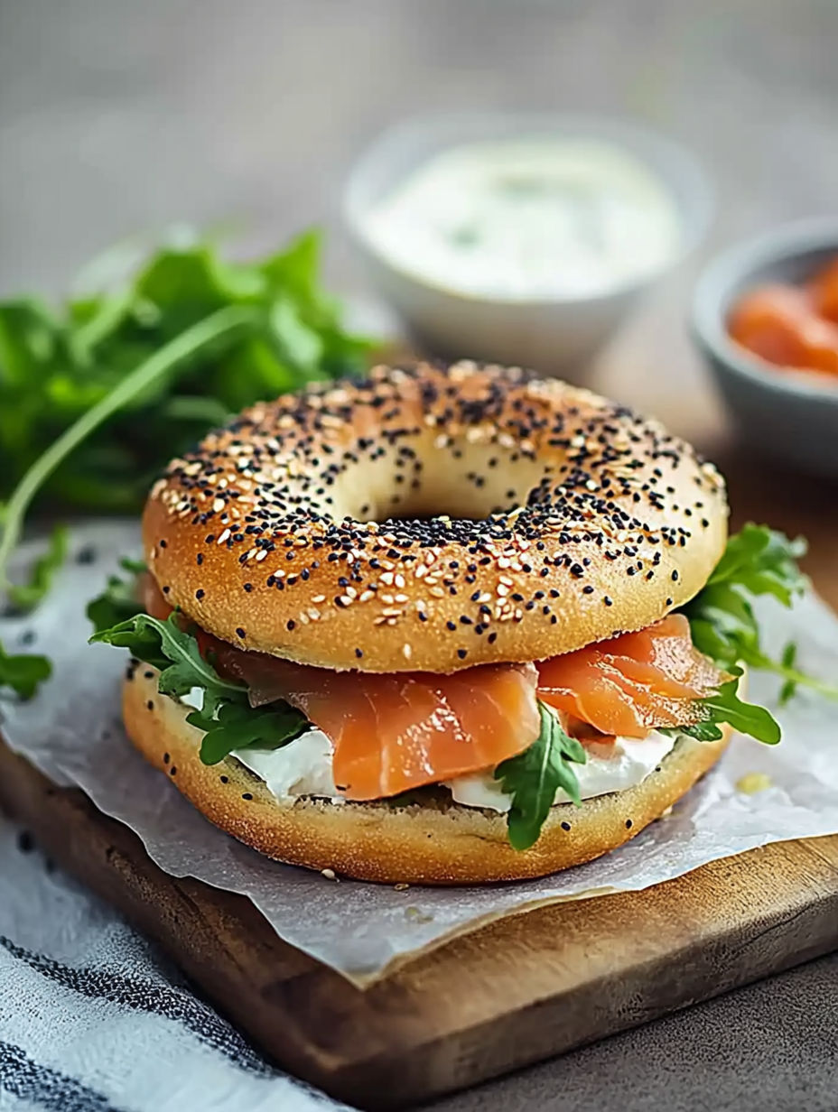 A bagel with salmon and cream cheese.
