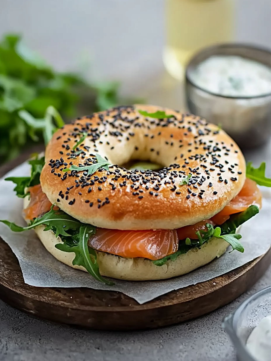 A bagel with salmon and greens on top.