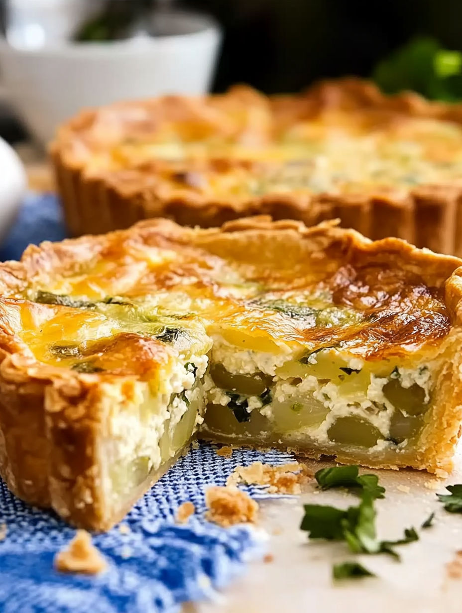 A slice of quiche with a blue and white napkin underneath.