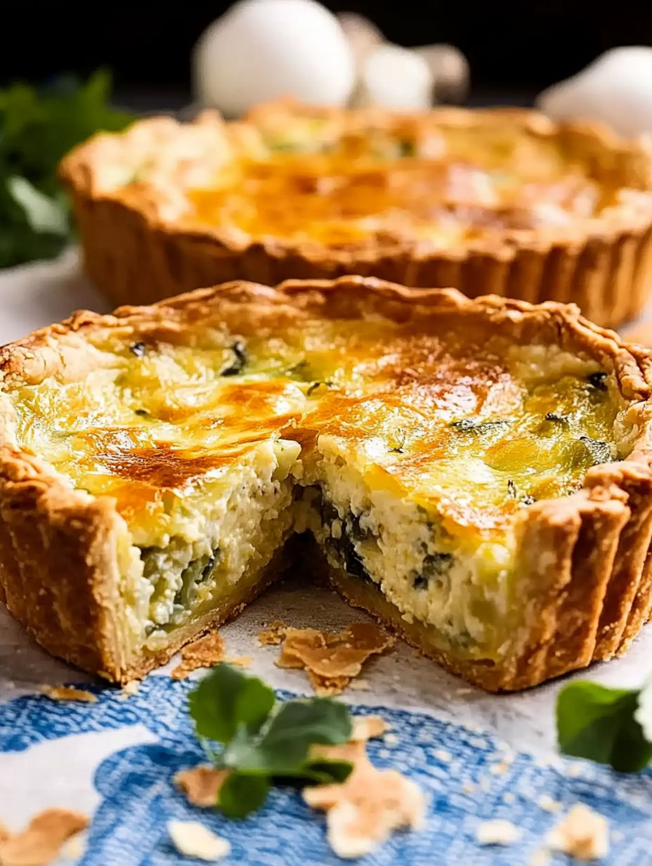 A slice of quiche with a golden crust.