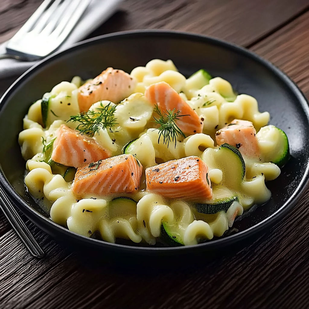 A plate of pasta with salmon and zucchini.
