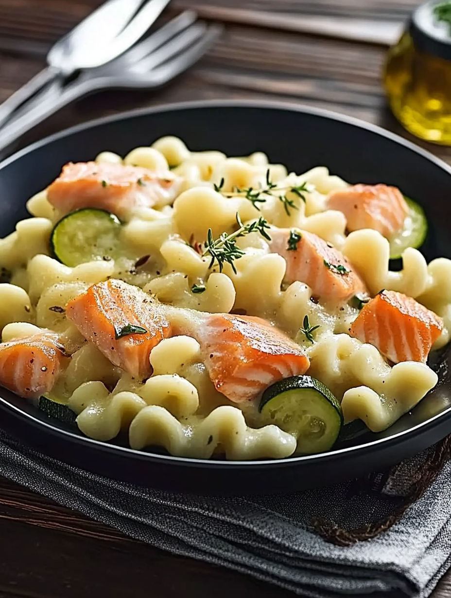 A plate of pasta with salmon and vegetables.