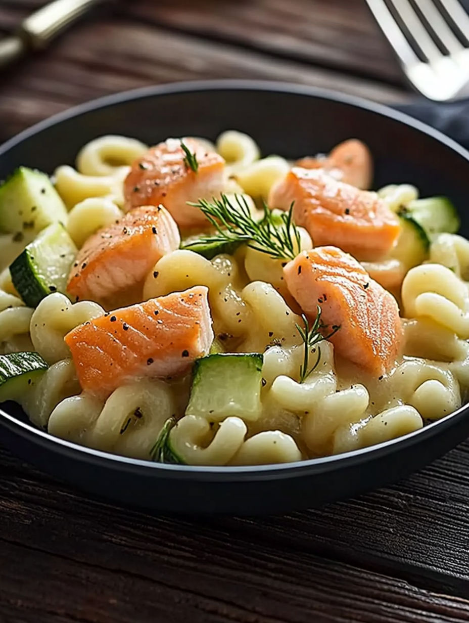 A bowl of pasta with salmon and cucumber.