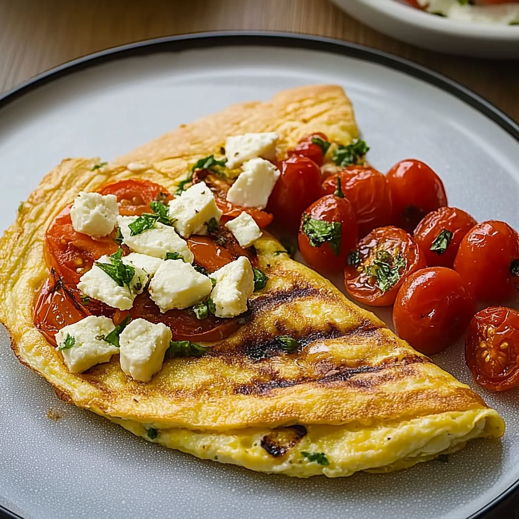 A slice of omelette with feta cheese and tomatoes.