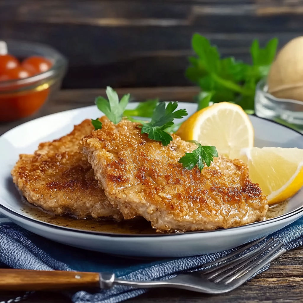 A plate of meat with lemon wedges on top.