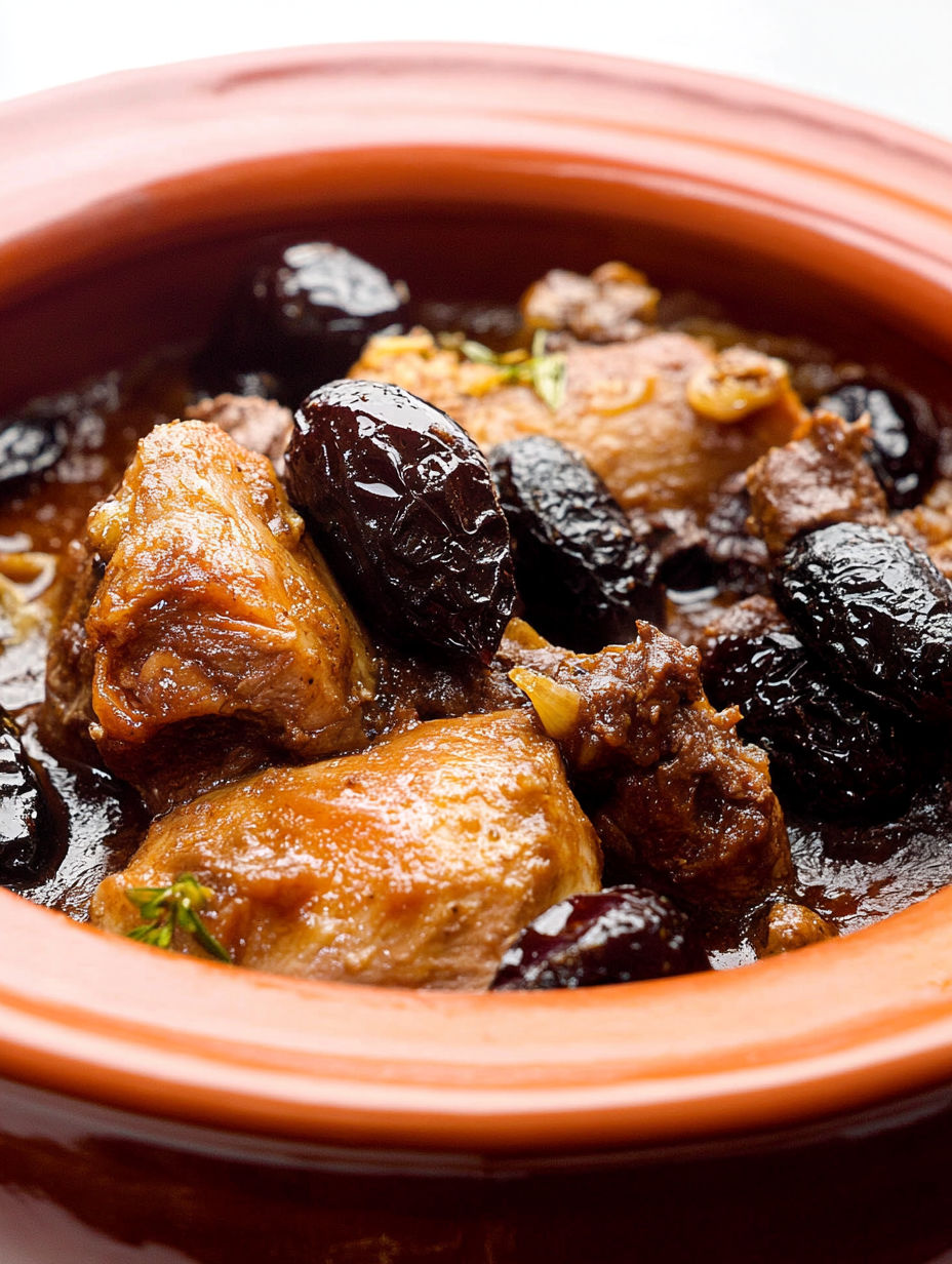 A bowl of food with meat and raisins.