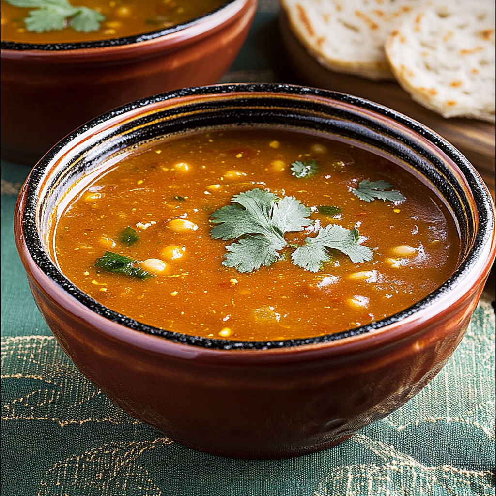 A bowl of soup with a green garnish.