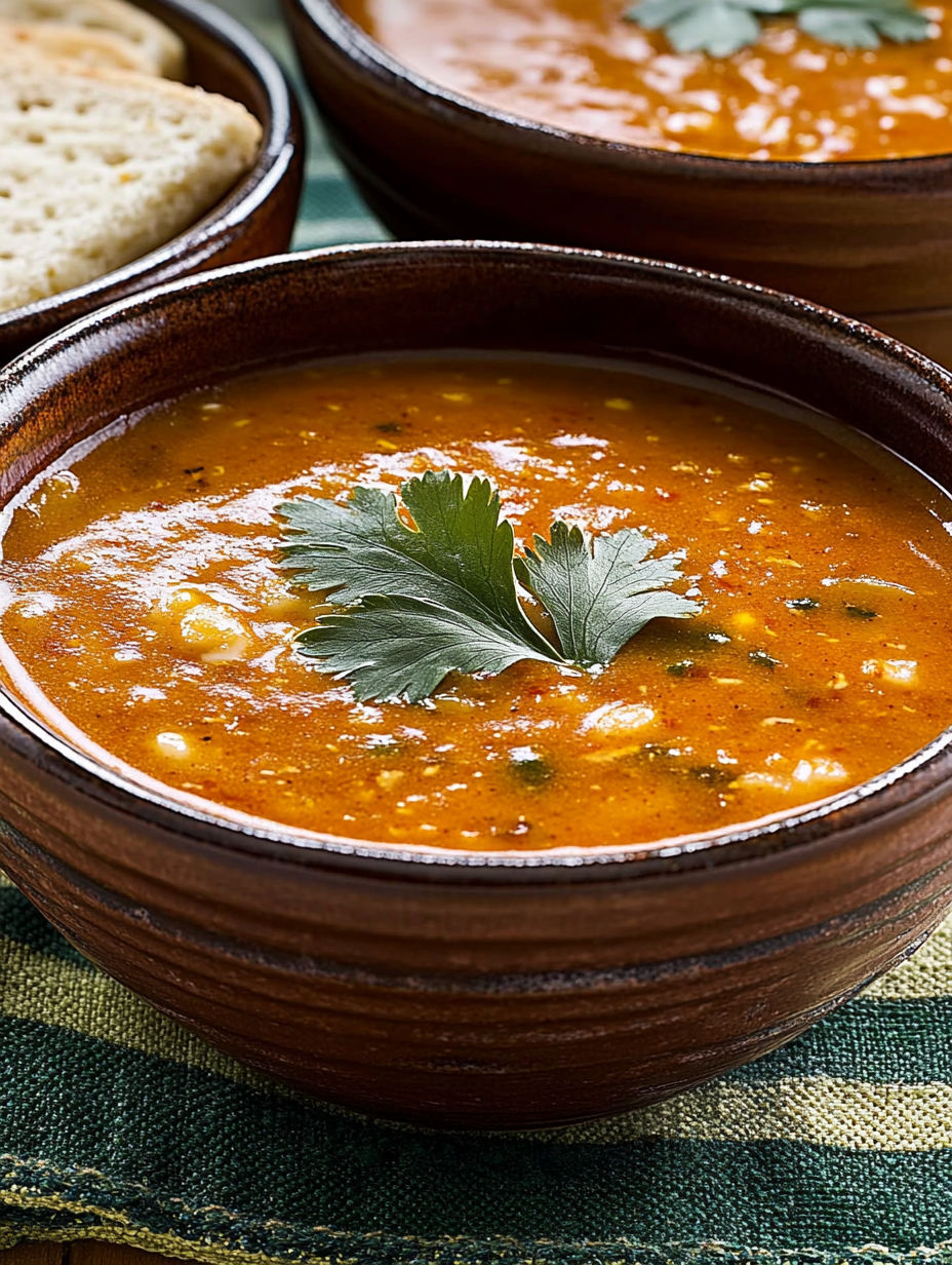 A bowl of soup with a green herb on top.