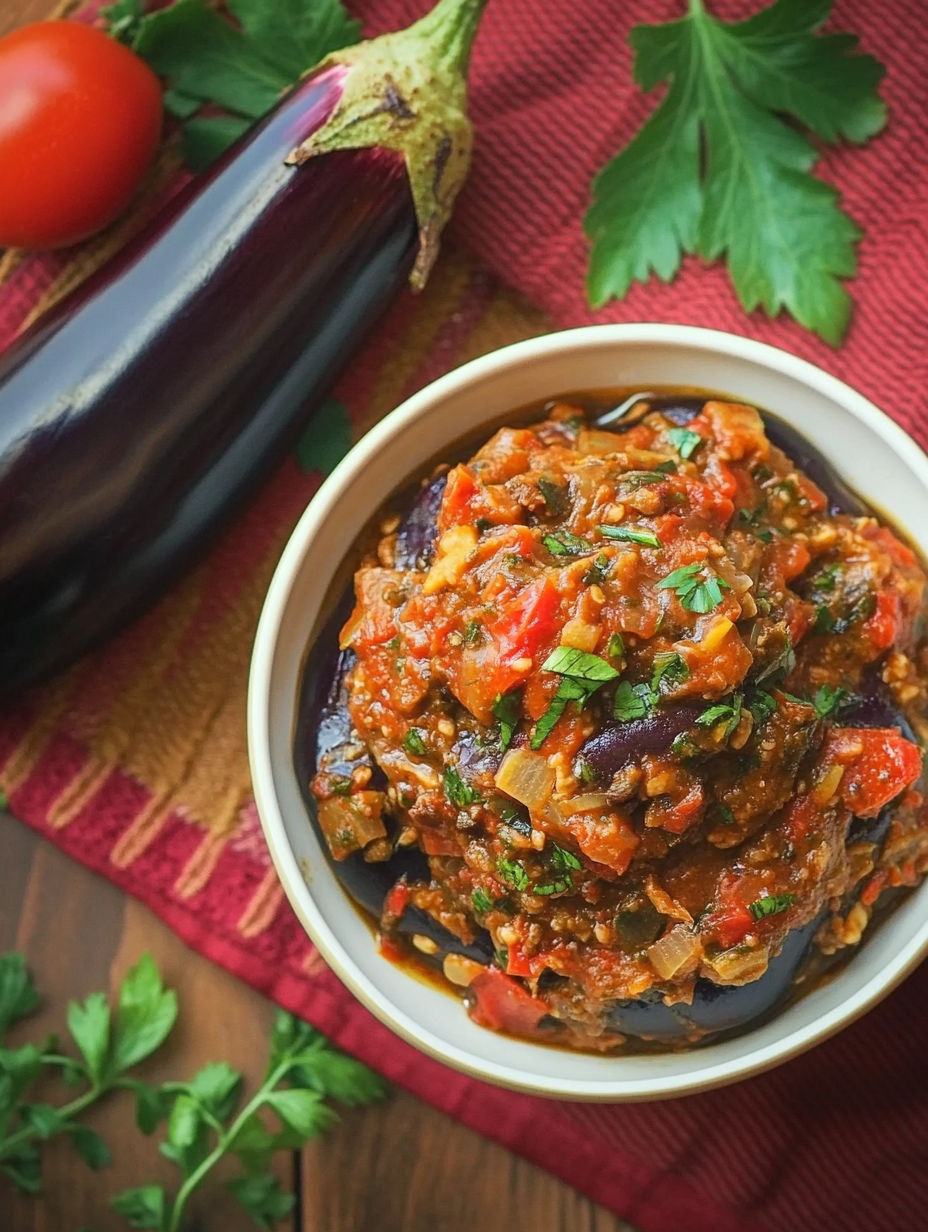 A bowl of food with a purple eggplant and a green pepper.