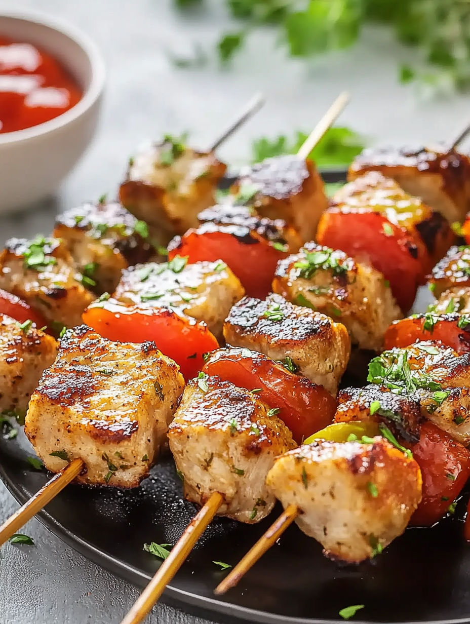 A plate of meat skewers with tomatoes and herbs.