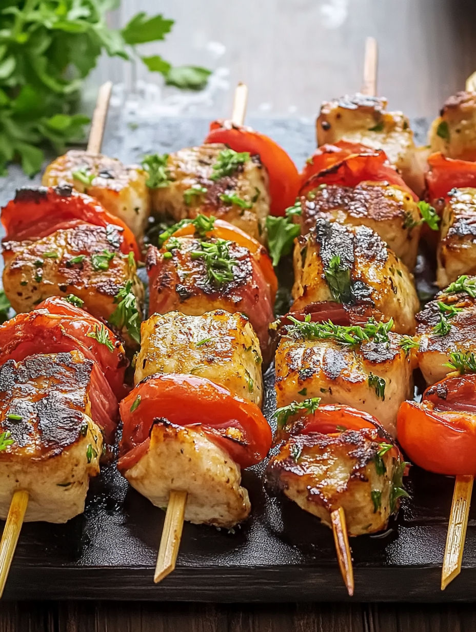 A plate of meat skewers with tomatoes and herbs.