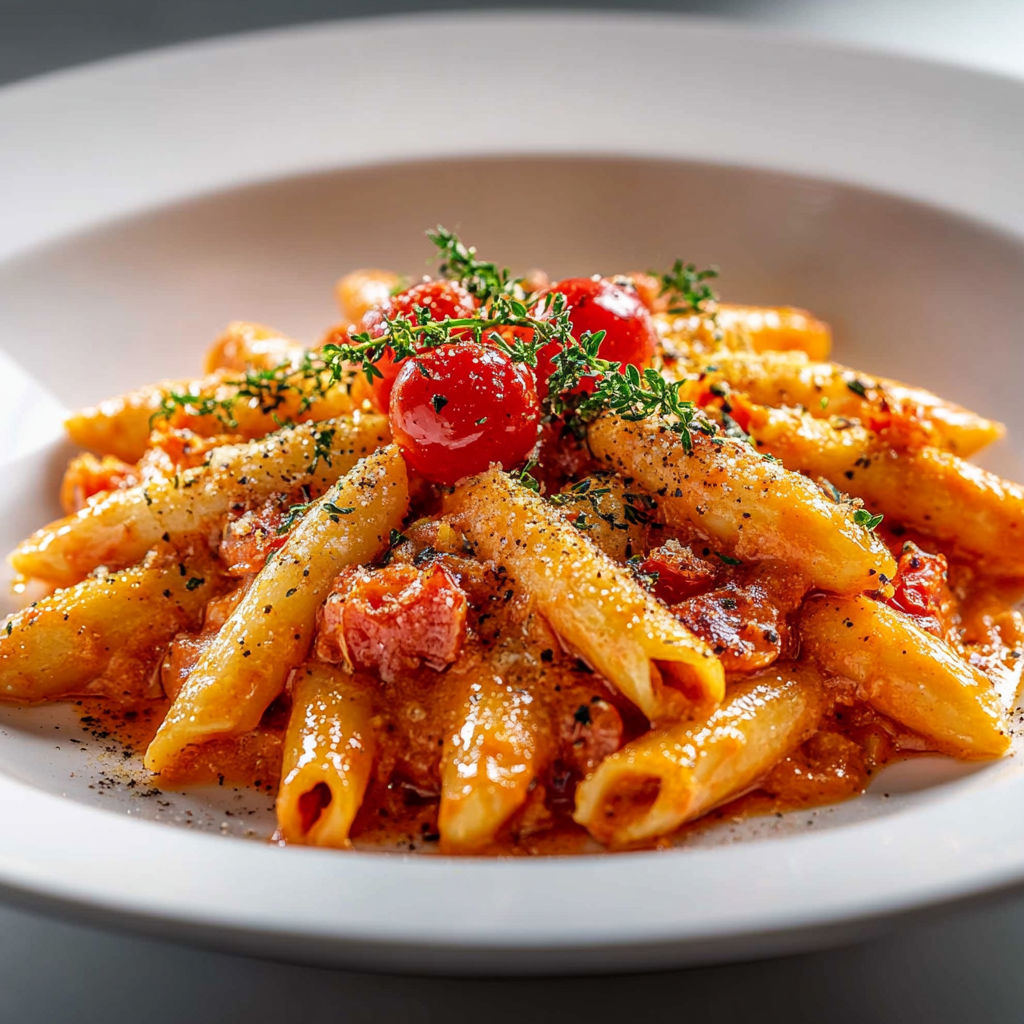 A plate of pasta with tomatoes on top.