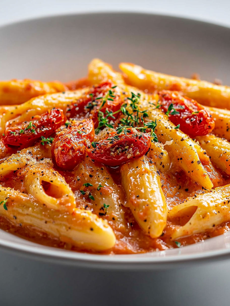 A plate of pasta with tomatoes and herbs.