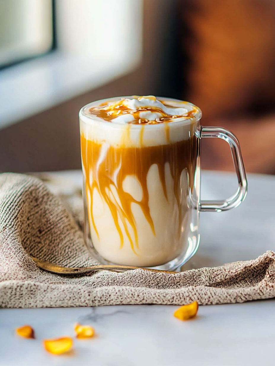 A glass of coffee with a caramel sauce drizzle.