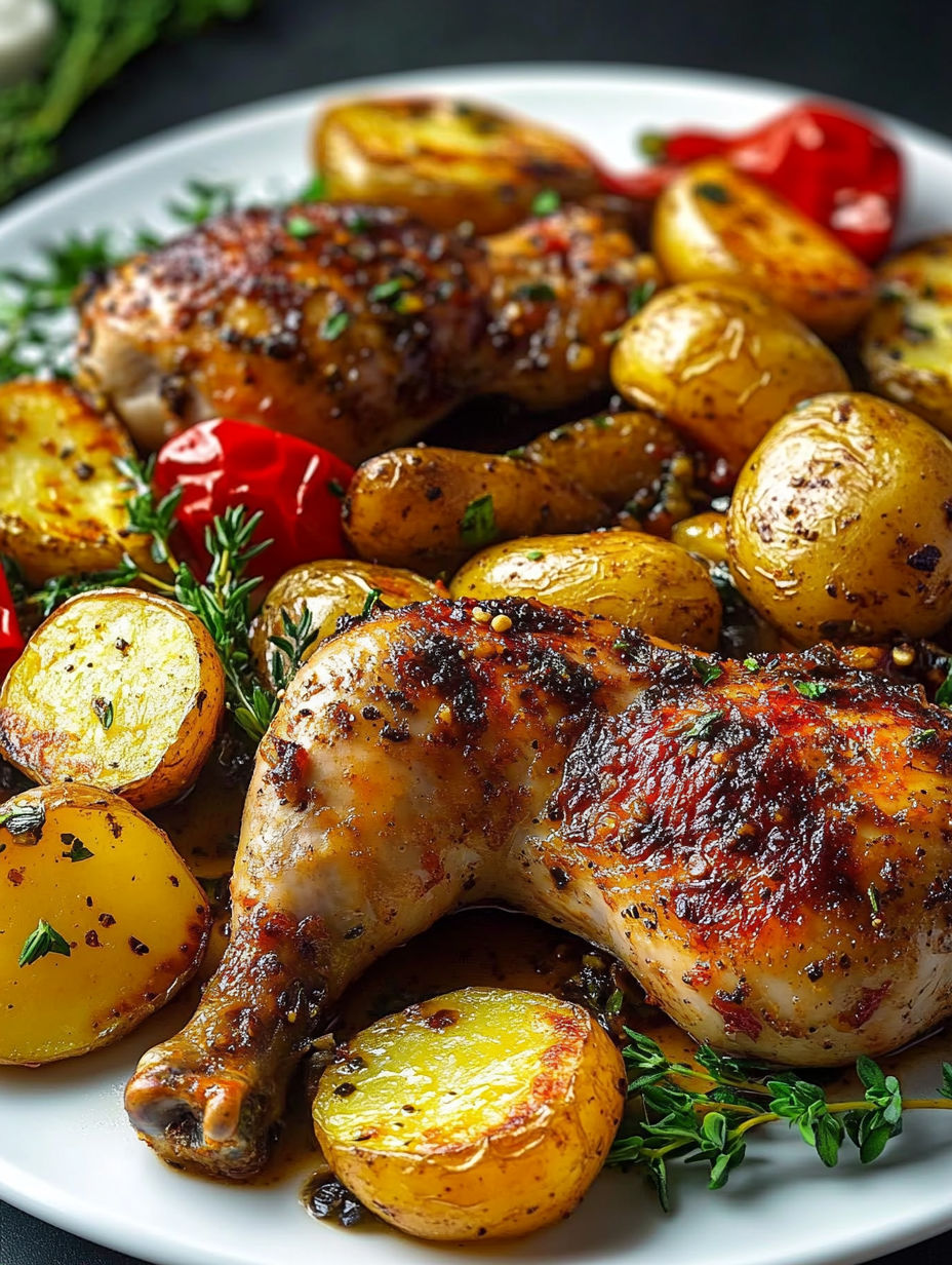 A plate of chicken and potatoes.
